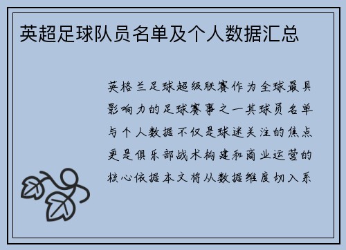 英超足球队员名单及个人数据汇总