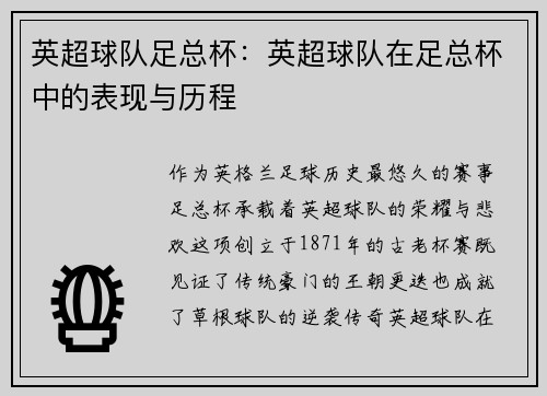 英超球队足总杯：英超球队在足总杯中的表现与历程